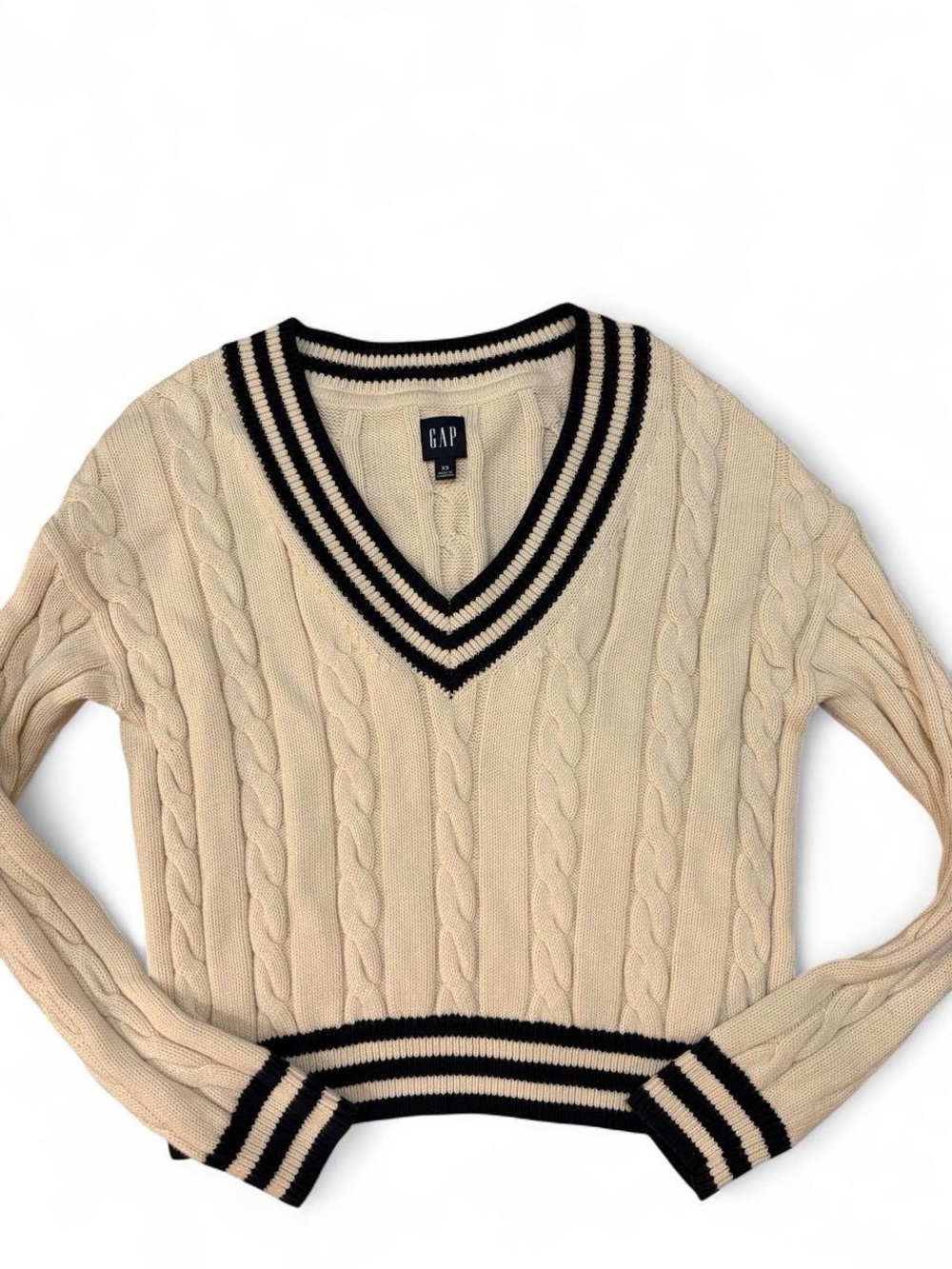 GAP women’s Cream Cable-Knit V-Neck Sweater with Black Stripe Trim